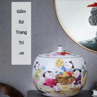 HŨ SỨ ĐỰNG ĐỒ CÓ NẮP HỌA TIẾT NGŨ PHÚC